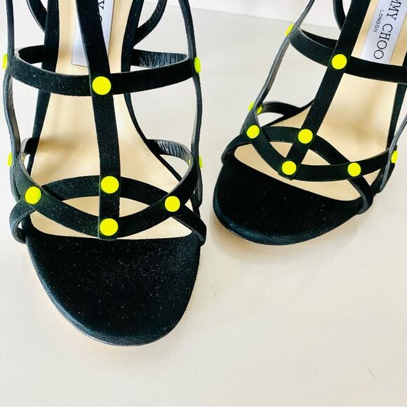 NEW JIMMY CHOO Black Neon Yellow Studded Tina Caged Heel Stiletto Sandals 40 10 - Picture 4 of 16